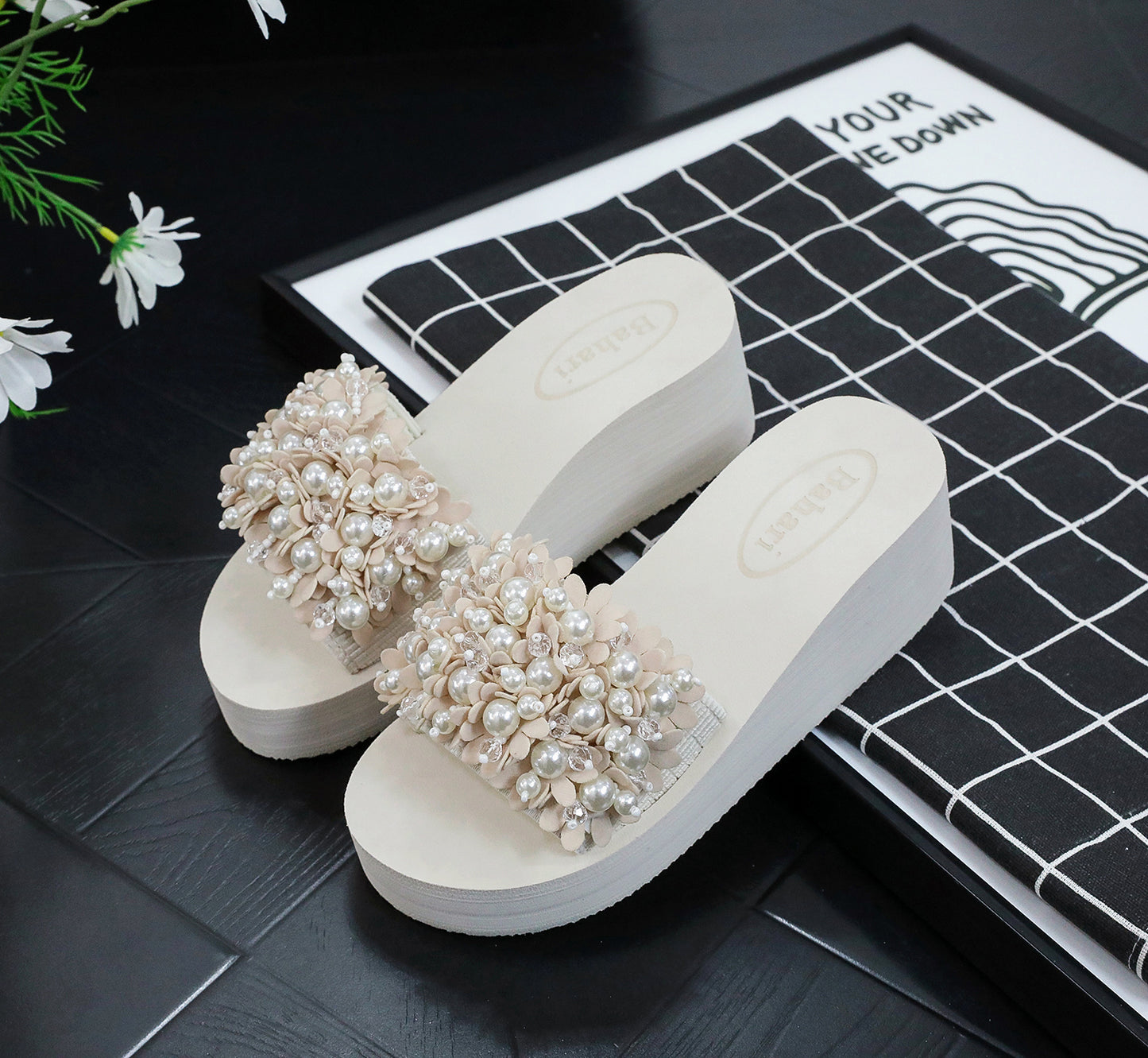 Velveteen Flower & Pearl - Embellished Slide Sandals