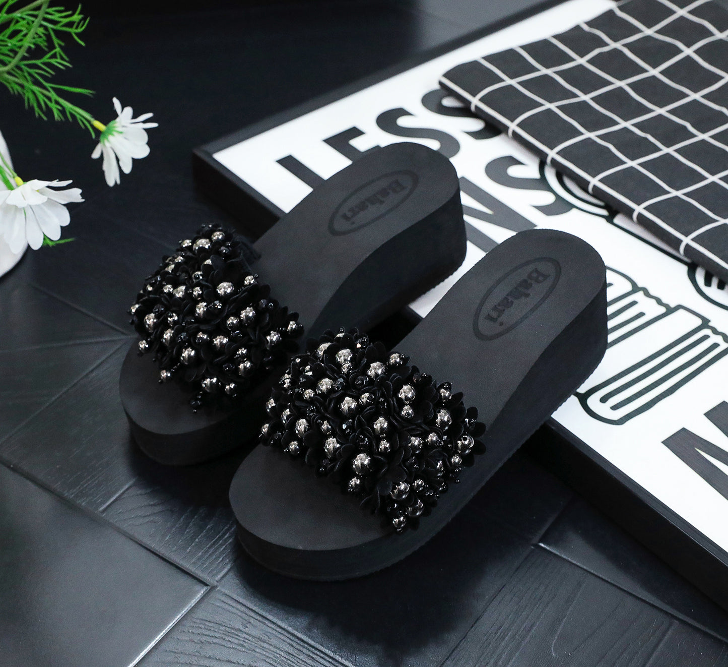 Velveteen Flower & Pearl - Embellished Slide Sandals