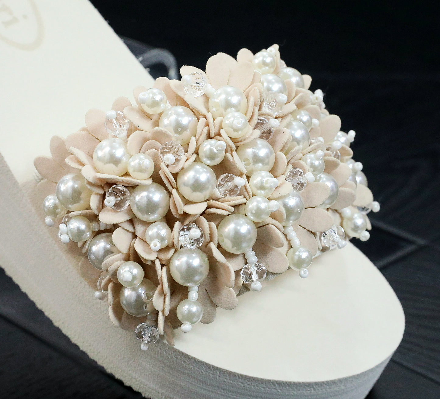 Velveteen Flower & Pearl - Embellished Slide Sandals