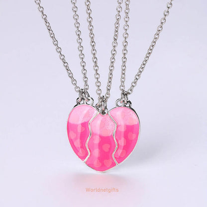 3-Person Friendship Family Necklace with Glowing Heart
