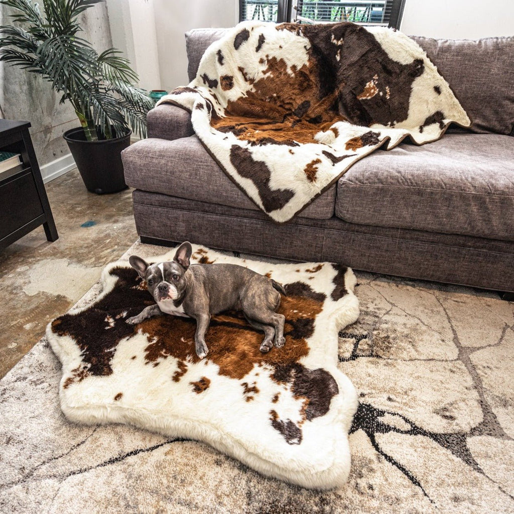 PupRug™ Junior Memory Foam Bed + Matching Waterproof Blanket Bundle - Brown Faux Cowhide