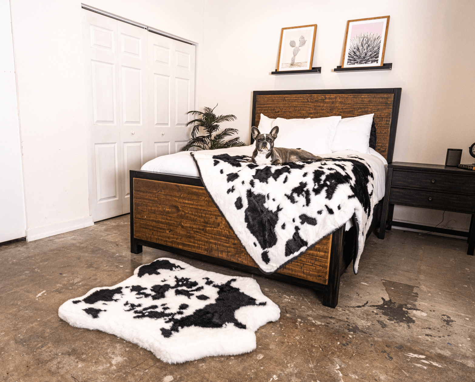 PupRug™ Junior Memory Foam Bed + Matching Waterproof Blanket Bundle - Black Faux Cowhide