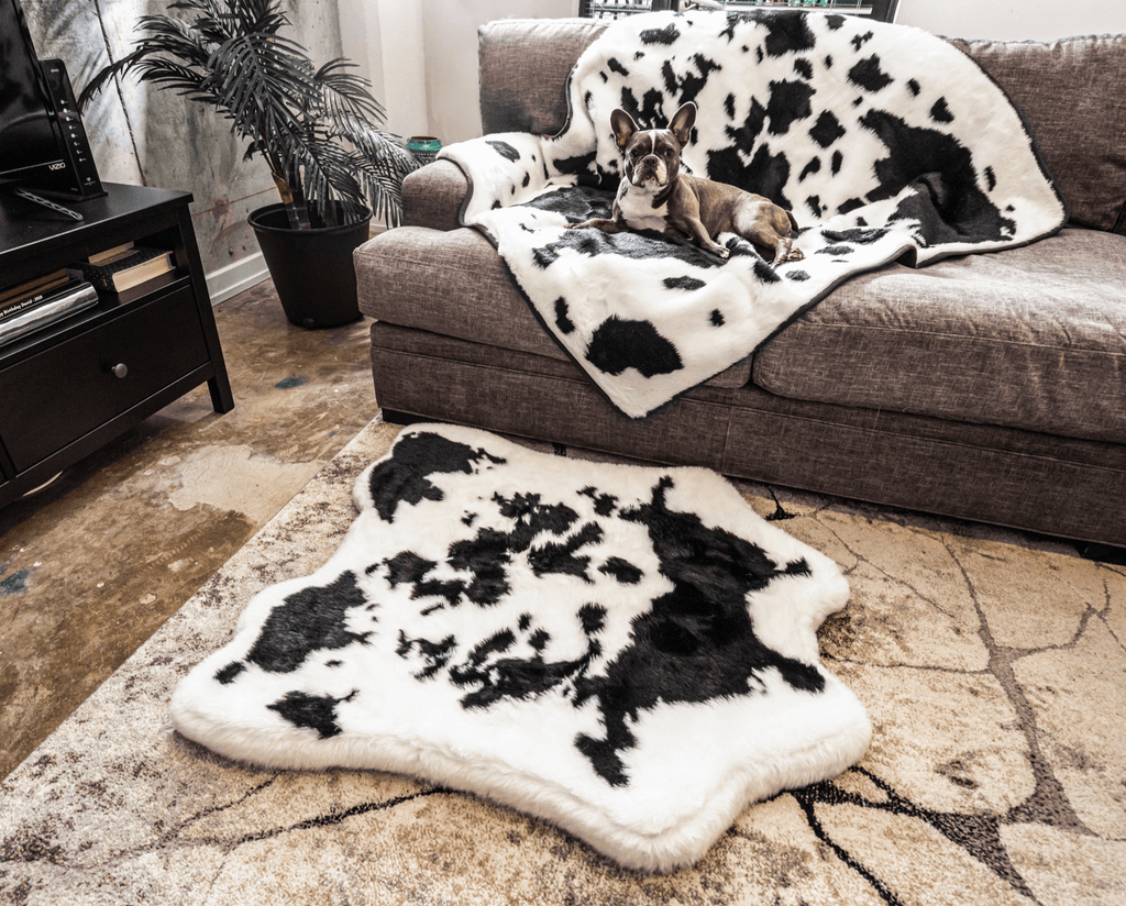 PupRug™ Junior Memory Foam Bed + Matching Waterproof Blanket Bundle - Black Faux Cowhide