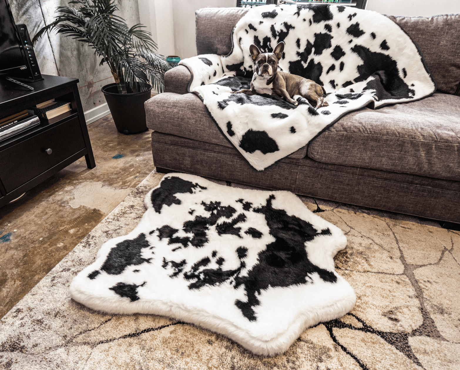 PupRug™ Junior Memory Foam Bed + Matching Waterproof Blanket Bundle - Black Faux Cowhide