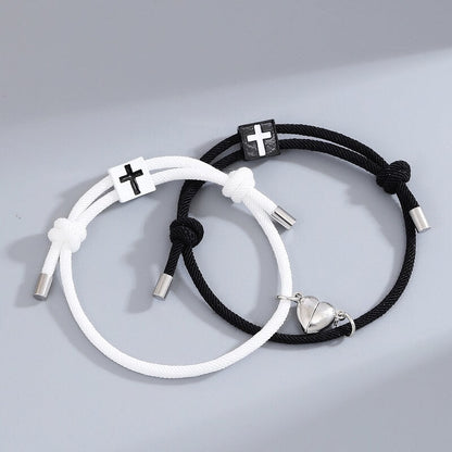 Heart Charm Magnetic Cross Couple Bracelet