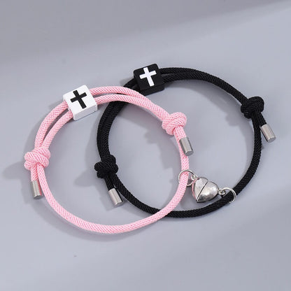 Heart Charm Magnetic Cross Couple Bracelet