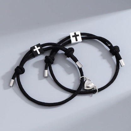 Heart Charm Magnetic Cross Couple Bracelet