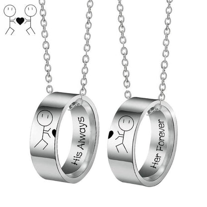 His Always & Her Forever Couple Ring Necklaces - Stick Figure Bond Set