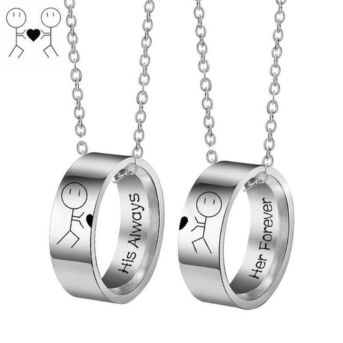 His Always & Her Forever Couple Ring Necklaces - Stick Figure Bond Set