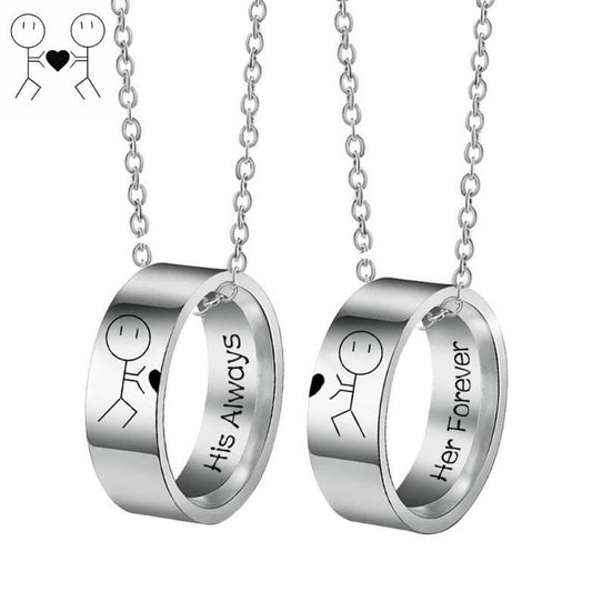 His Always & Her Forever Couple Ring Necklaces - Stick Figure Bond Set