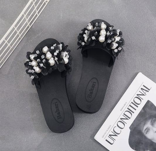 Lace & Pearl Embellished Thick - Soled Slide Sandals