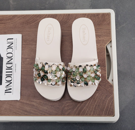 Sequin & Green Round Glass - Embellished Slide Sandals