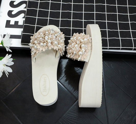 Velveteen Flower & Pearl - Embellished Slide Sandals