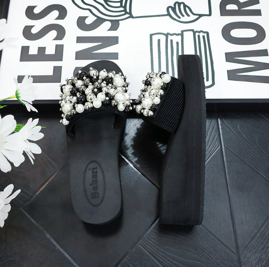 Pearl Embellished One - Strap Slide Sandals