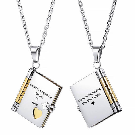 Personalized Book Locket Necklace with Customized Engraving Text