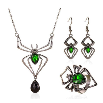 Spider Necklace Earring Ring Retro Emerald Set