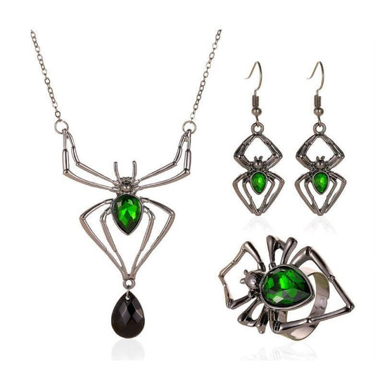 Spider Necklace Earring Ring Retro Emerald Set