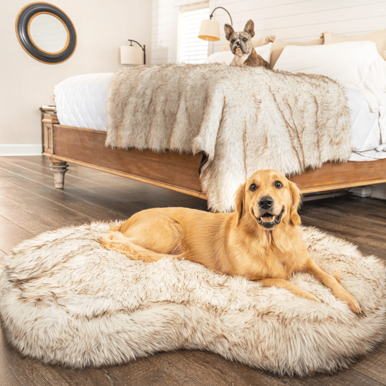 PupCloud™ Memory Foam Bed + Matching Waterproof Blanket Bundle - White with Brown Accents